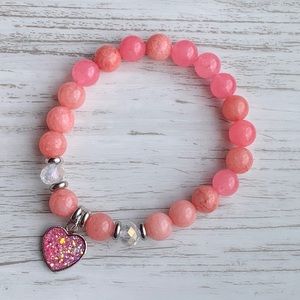 Beaded gemstone heart charm bracelet